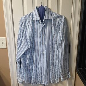 Thomas Dean Blue and White Striped Dress Shirt